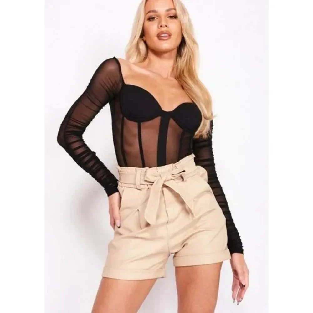 Beige Vegan Leather Faux Leather High Waist Cuffed Paper Bag Waist Shorts - Picture 10 of 17